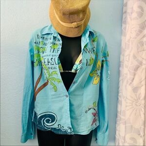 Colin’s Turquoise Blue Graphic Button Down Surfer Shirt Size Small